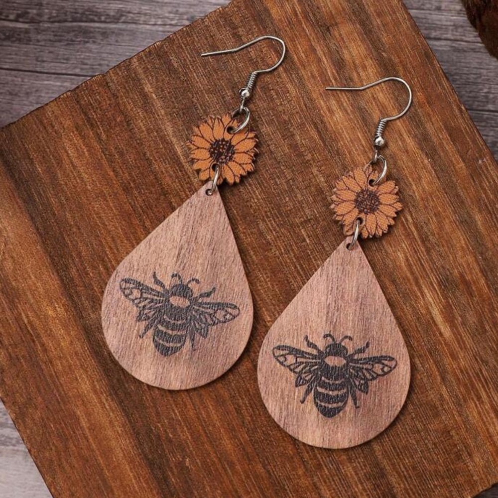 Wood Bee and Sunflower Earrings